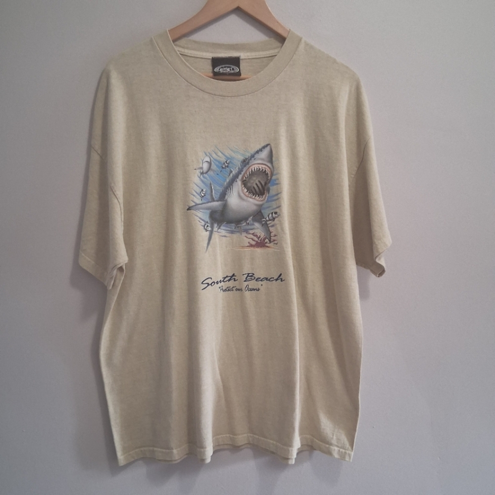 Vintage Exist Sports Line Shark South Beach Protect Our Oceans Graphic Tee Large
